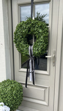 Load image into Gallery viewer, Boxwood wreath with black/wht stripe sash.