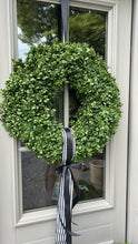 Load image into Gallery viewer, Boxwood wreath with black/wht stripe sash.
